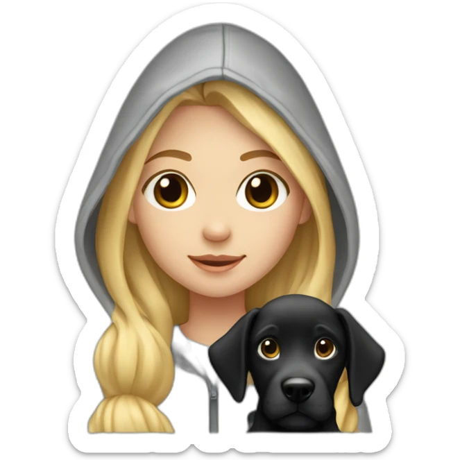 A blonde girl with smooth hair and a ray in the middle of his hair, she has light skin a few freckles, and she wear a hoodies and she Carries in his arms a baby black labrador dog  sticker