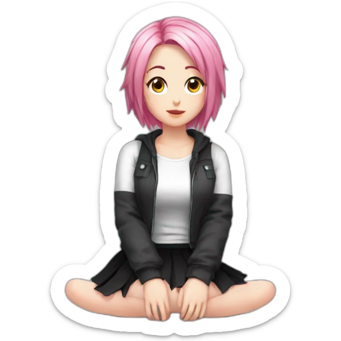 Full body Front view curvy emo girl pink hair sits on the floor straight view hands up black skirt белые трусики sticker