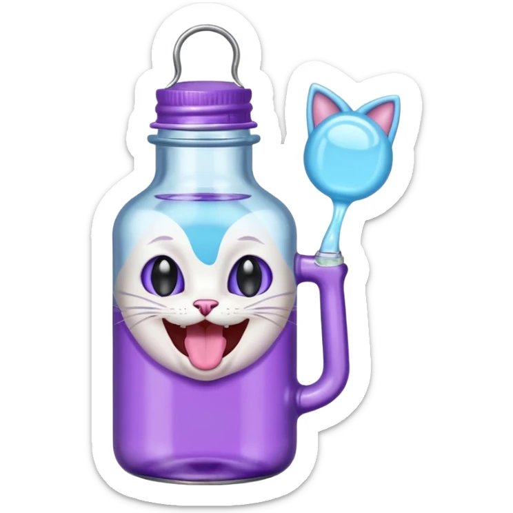Smiling bottle of oil light purple top and light blue sticking tongue out and with cat ears sticker
