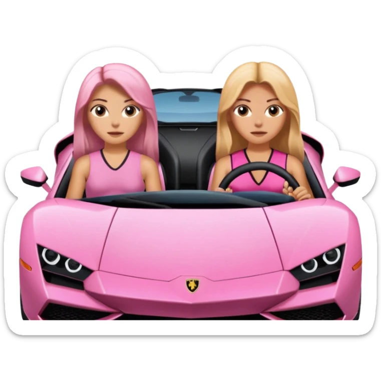 Make car far away so I can see full car Car facing forward in sports car. Make hair long  two girls in car far away Front of car sitting in the seats. Make it a pink sports car. They are two baddies make it a Lamborghini pink car  sticker