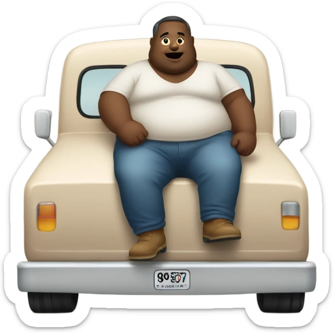fat man sitting in the bed of a beige truck sticker