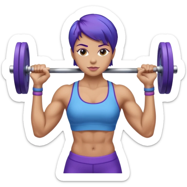 weight lift woman short blue purple har muscles bar is not growing from head sticker