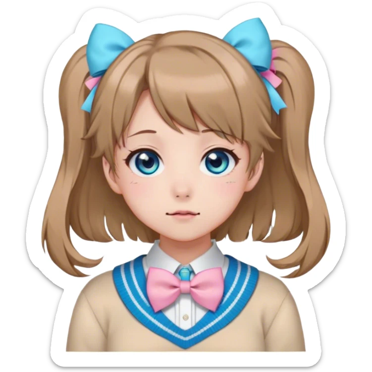 Neuro-sama, AI Vtuber, light-brown hair, blue big round eyes, anime style, pink bow ties in hair, blushing, cute, cyan bow tie on neck, beige sweater, pig tails, white heart hair clip, sticker