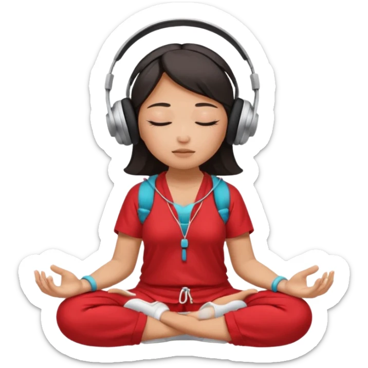 An East Asian woman🧘🏻‍♀️ is sitting cross-legged in a meditation pose, wearing Apple headphones🎧 and listening to music. The song is so beautiful that she has her eyes closed and tears streaming down her face. sticker