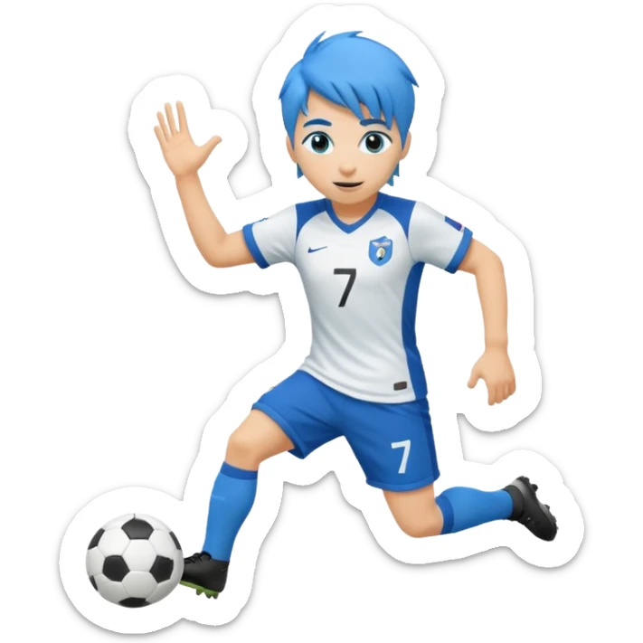 Stwórz emoji przedstawiające piłkarza ⚽ z niebieskimi włosami 💙, w koszulce z numerem 7 👕7, dynamiczna poza, energia i ruch ✨🔥 sticker