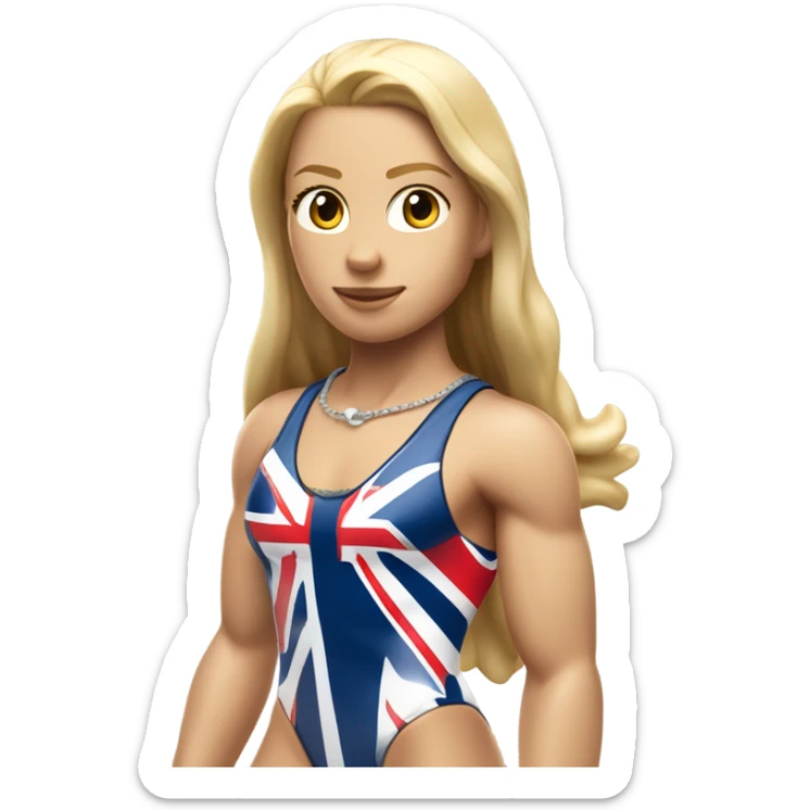 A girl with long blonde hair with wide shoulders wearing a Great Britain rowing swimming suit and has toned muscles and add a necklace that has a sea shell pendant on it. The necklace is around the neck and the pendant is on her chest sticker