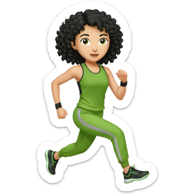 a woman with olive skin tone and curly black hair wearing green and jogging sticker