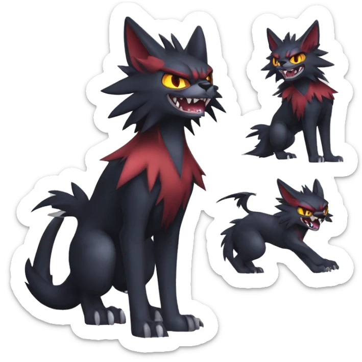  cool edgy fantasy anime-style dark animal vampiric Litten-Zoroark-Nargacuga-cat-hybrid Fakemon with big fangs and bat-ears full body sticker