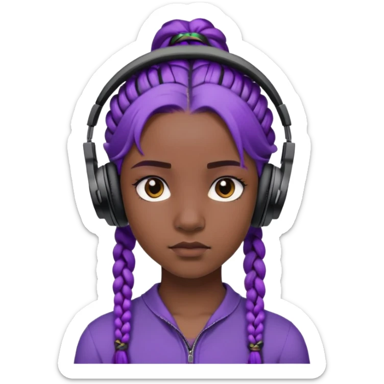 "- Nữ
- 15 tuổi
- Da đen
- Tóc tết, màu tím
- Mặt nghiêm túc
- Đeo tai nghe đen
" sticker