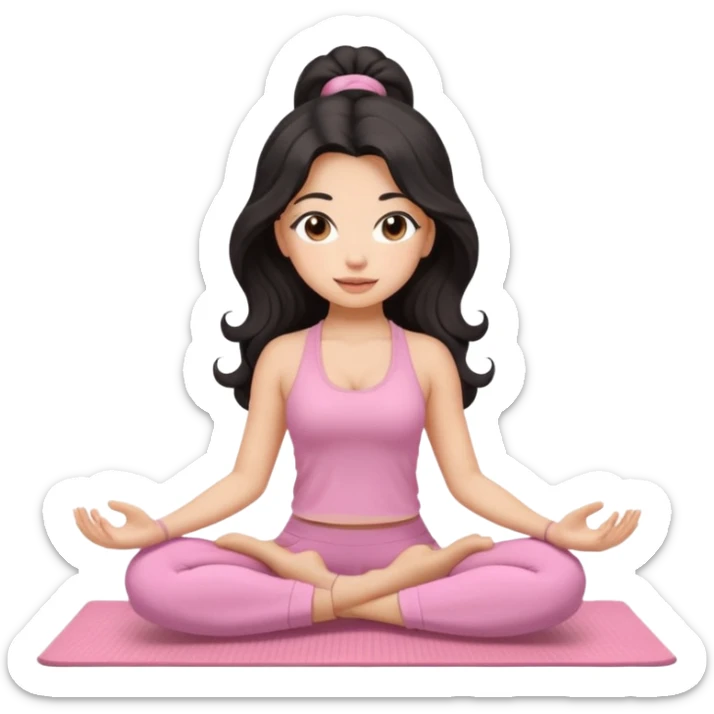 Black long curled hair and brown eyes yoga beautiful girl in light pink clothes sitting on a yoga mat sticker