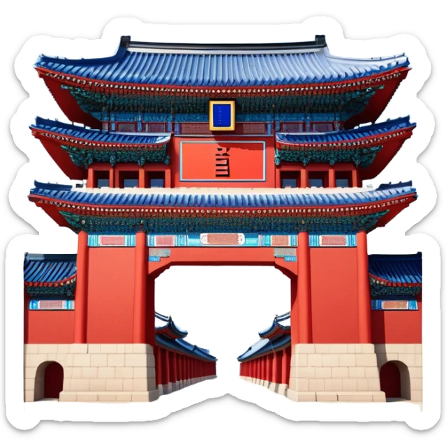 ​Cinematic Realistic Gwanghwamun Gate, depicted as a majestic historic gateway with traditional Korean architectural details, vibrant red and blue accents, and intricate carvings, set against a backdrop of modern Seoul under dynamic, natural lighting that highlights its timeless grandeur, sticker