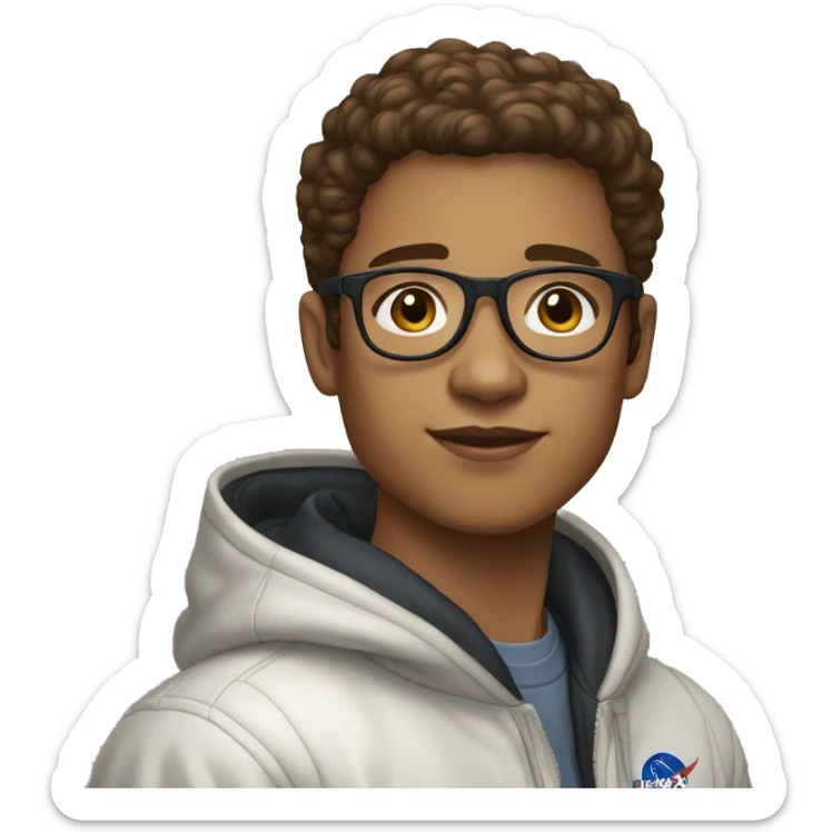 light skin boy with short brown hair to one side, beauty mark,, and pilot glasses in a nasa hoodie sticker