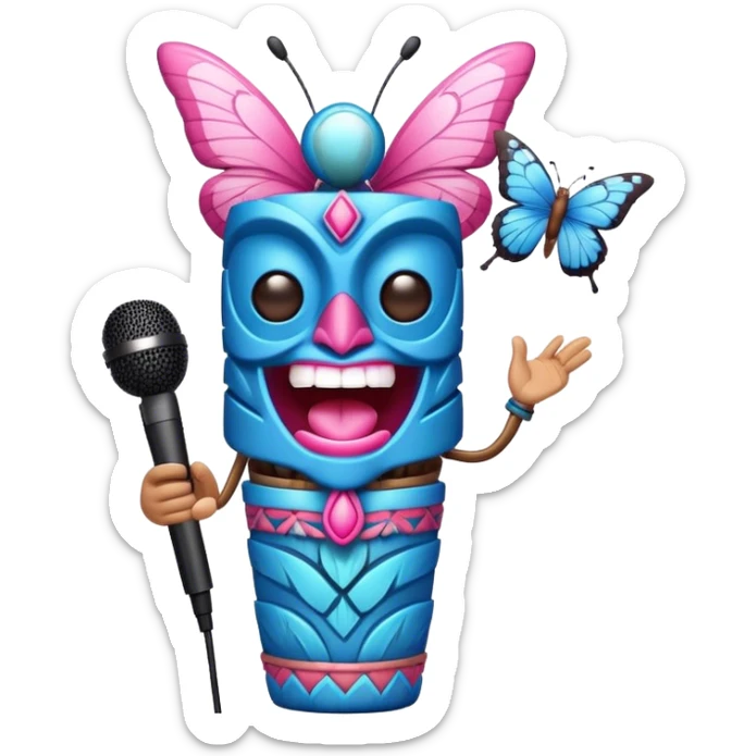 Cartoon Blue and pink tiki singing with butterfly and in the mikrophone sticker