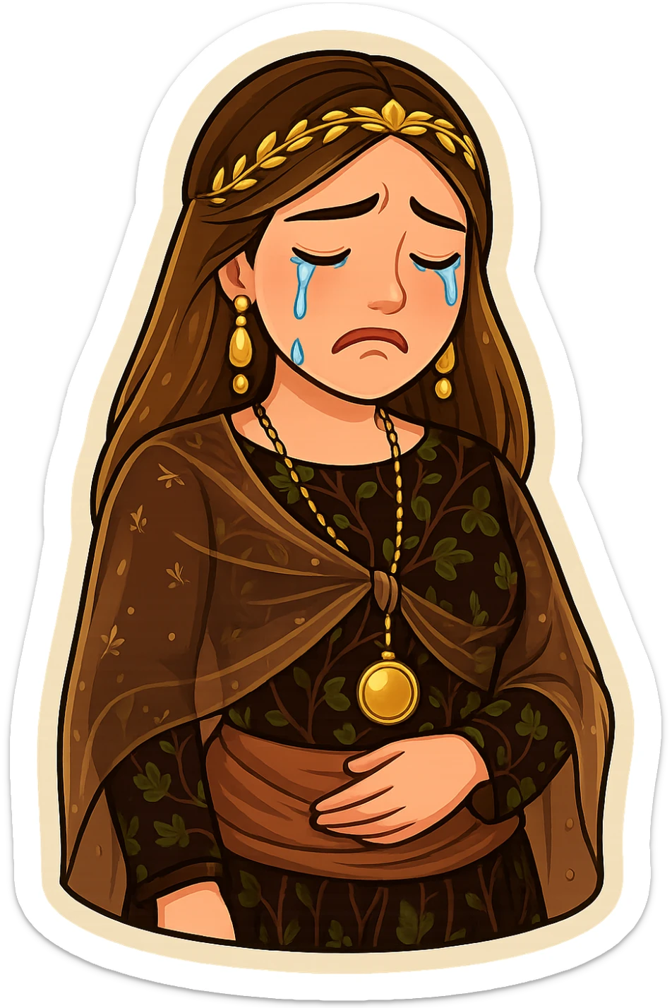 Kurdish cartoon sticker of the same woman in the new dress, crying with tears streaming down, sad face, no text, transparent background sticker