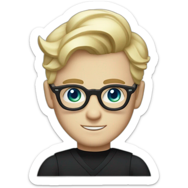 blonde hair white male wearing black shirt with bold blue thick glasses green eyes and blonde hair comb over Gatsby style sticker