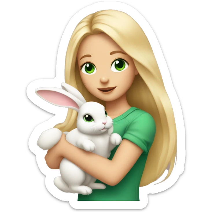 Girl with long blonde hair and green eyes holding a cute bunny in her arms sticker