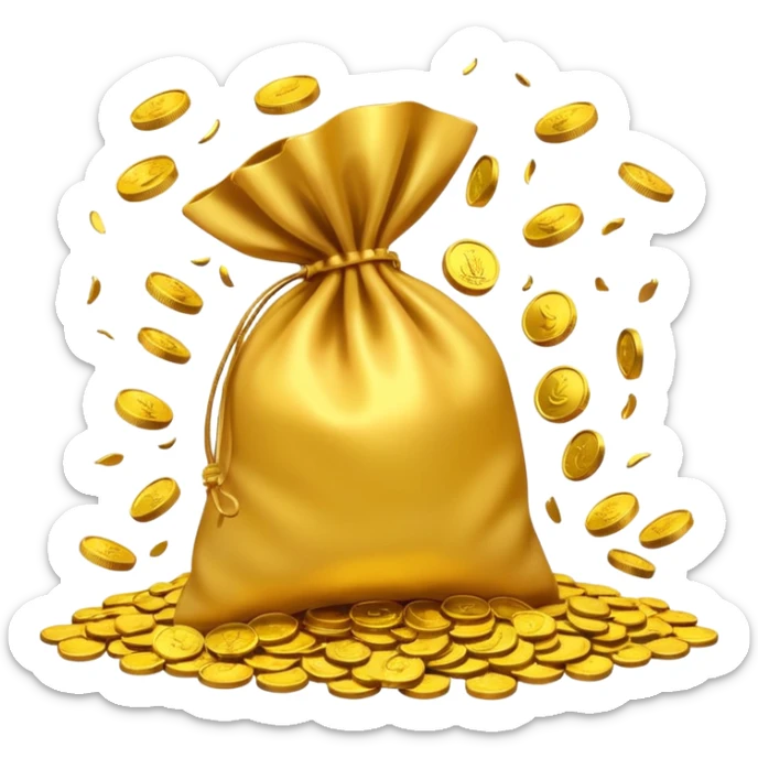 I would like a small pouch of gold coins that opens and the coins get splattered viollently meaning they splatters/scatters/falls on a 2d surface aggresively sticker
