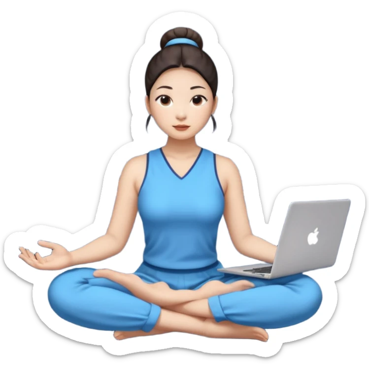 emoji of an asian woman with a single bun sitting cross legged with dna levitating above one hand and a laptop above the other hand sticker