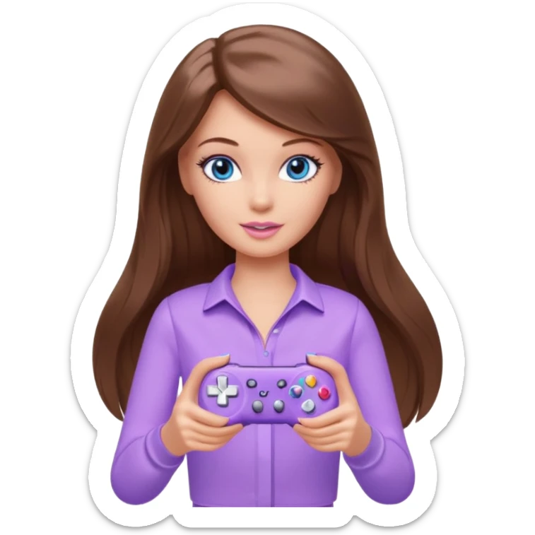 beautiful barbie girl with long brown hair, blue eyes and wearing light purple clothes playing console games with controller sticker