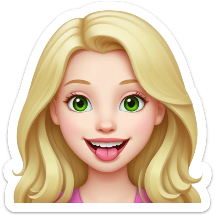 Young girl with pale skin, full pink lips smiling, blonde reddish long hair, big brown eyes with a hint of green, big mouth sticker