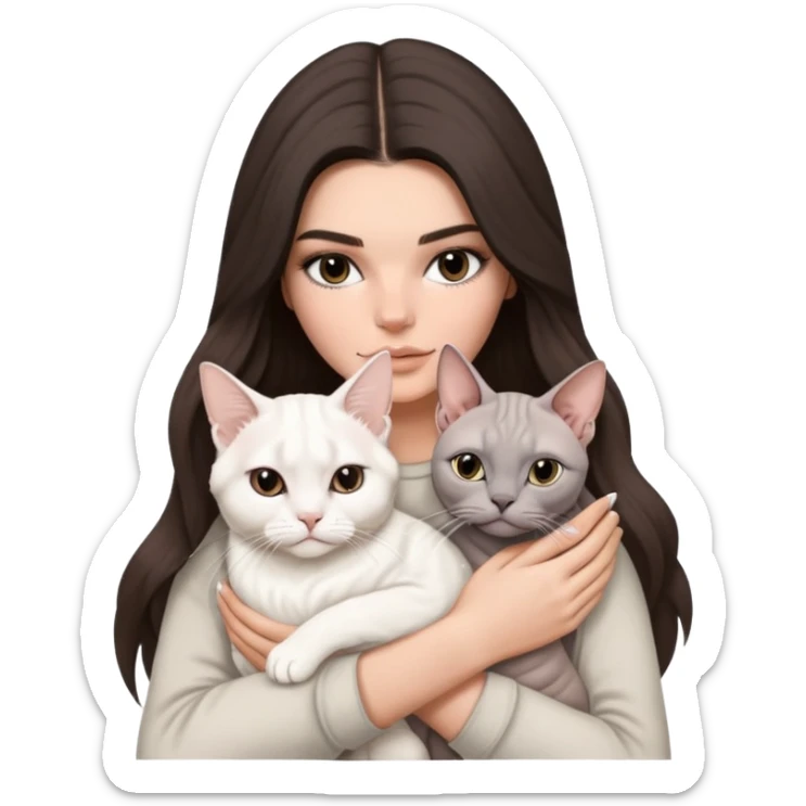 brunette Kendall Jenner with long hair holding on the hands a british white cat and a grey Sphynx sticker