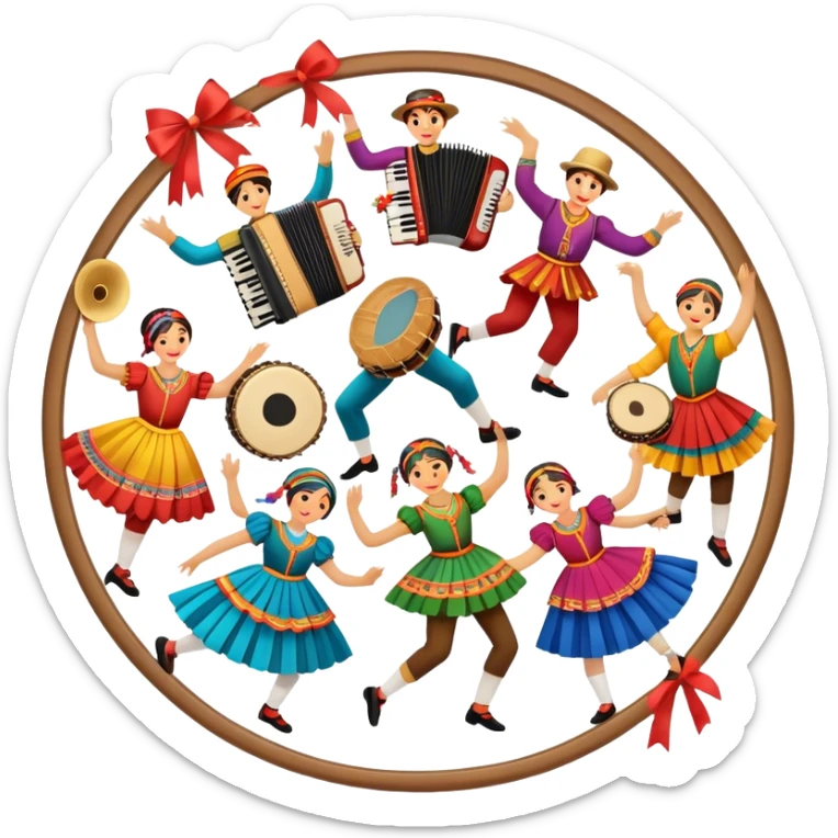 Humanless Icon for Folk Dance: traditional dance shoes, colorful folk costumes, and a dance circle with ribbons and musical instruments like a tambourine or accordion. The icon should represent the vibrant and cultural aspects of folk dancing. Transparent background. sticker