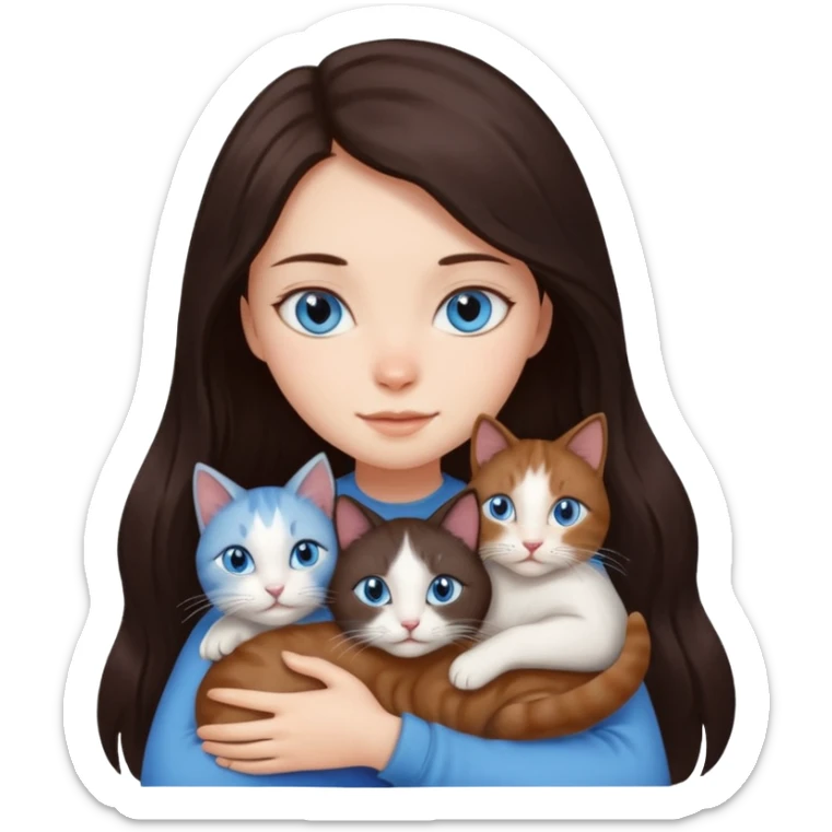 a girl with long dark 
brown hair, with blue eyes, hugs 3 different natural coloured cats sticker