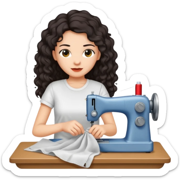 a woman with long curly dark hair sewing clothes wearing a white t shirt sticker