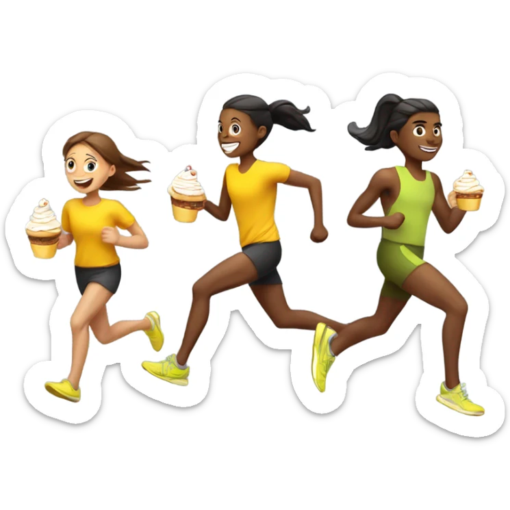 Runners in yellow tops holding cakes and coffee and running really fast sticker