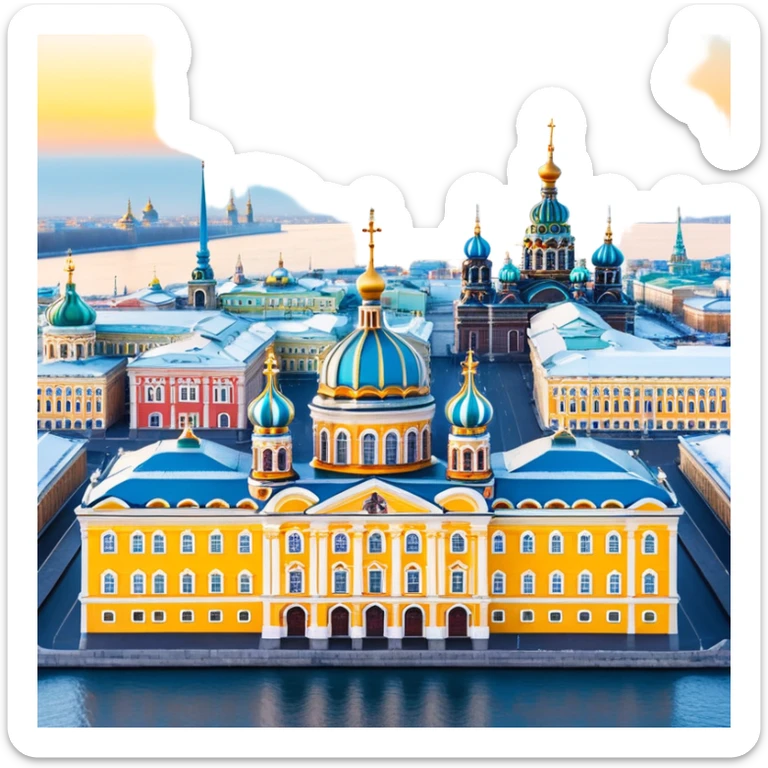 cinematic realistic emoji of St Petersburg Russia skyline with iconic landmarks Winter Palace, Church of the Savior on Spilled Blood, Peter and Paul Fortress, Lakhta Center, lifelike detail, accurate colors, bright daytime lighting, wide city view, no sky, no clouds sticker
