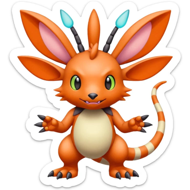 randomly-colored furry edgy kawaii Fakémon-Pokémon-Scalie-Digimon-creature (full body) with antennas and long segmented body sticker