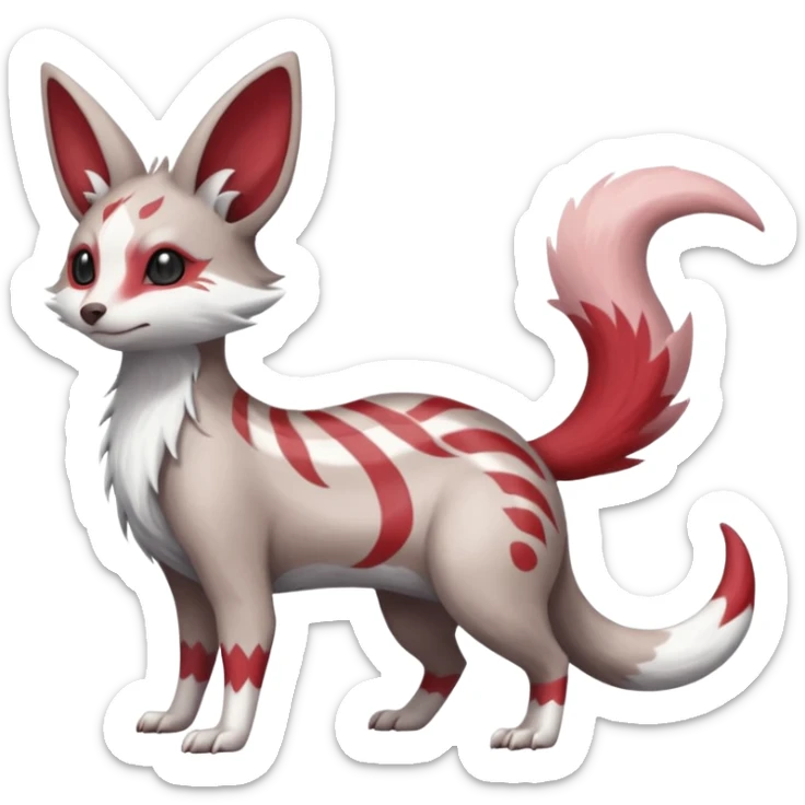 Minccino-Lykoi-Emolga-Pachirisu-Zangoose-fusion-hybrid-animal-Fakémon-creature, full body, thin long sleek scaly tail, intricate markings sticker