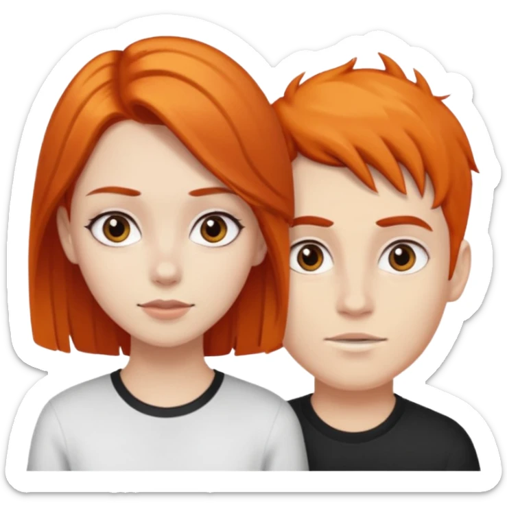 chica morena clara de pelo naranja y chicho blanco de pelo negro y grandes cejas sticker