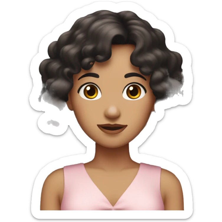 White woman with long black curly hair and bangs and dark brown eyes, wearing a pastel pink dress sticker