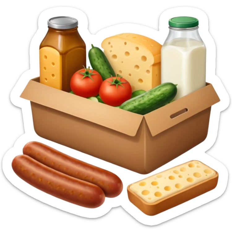 a box of groceries, sausage, cheese, canned meat, herbs, milk, tomatoes, cucumbers, and a loaf of bread sticker