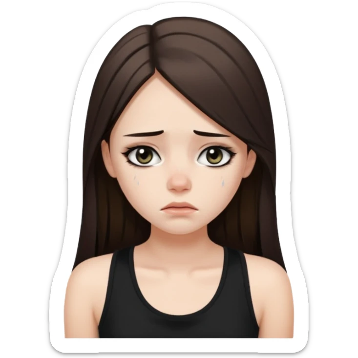 a fair girl with straight long brunette hair, black tank top, eyeliner on. Looking sad sticker