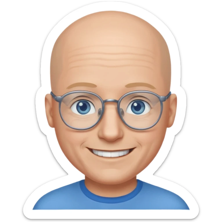 I want a twitch emoji style of a bald man with glasses and blue and gray eyes sticker