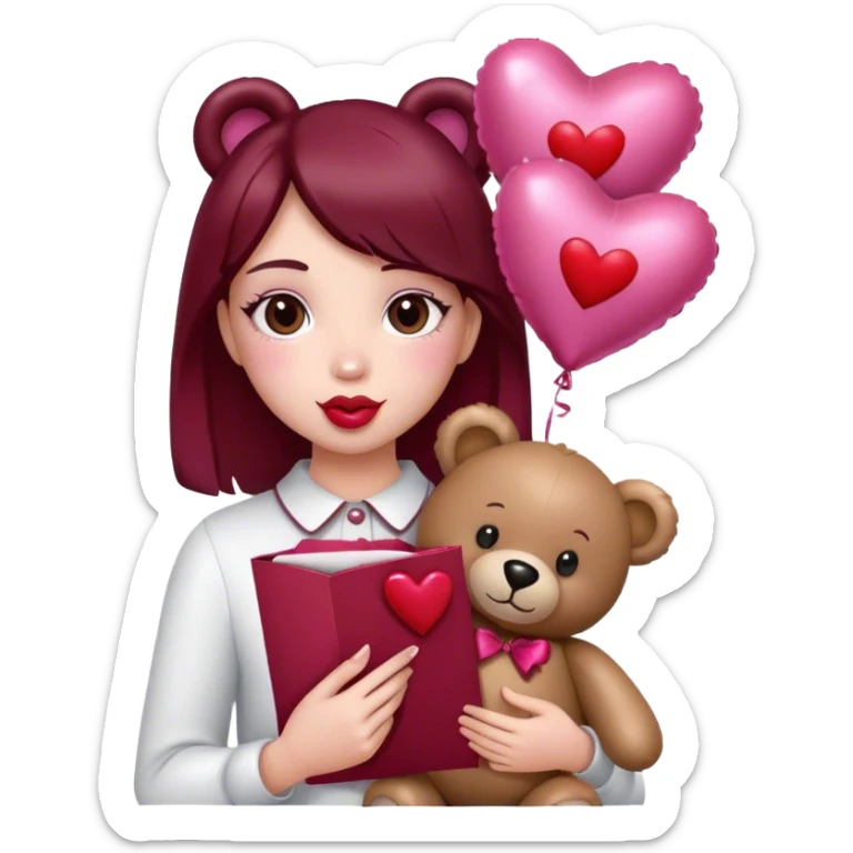 maroon love letter, three metallic pink heart-shaped balloons and red kisses and love teddy bear sticker