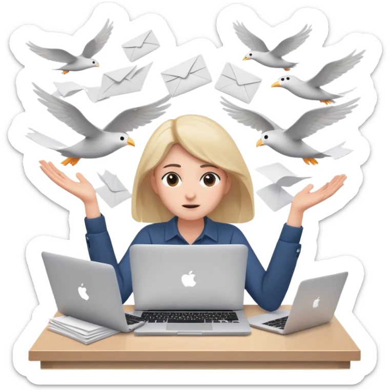 tired woman sitting at a desk with a MacBook, holding her arms out to the side, surrounded by lots of flying papers sticker