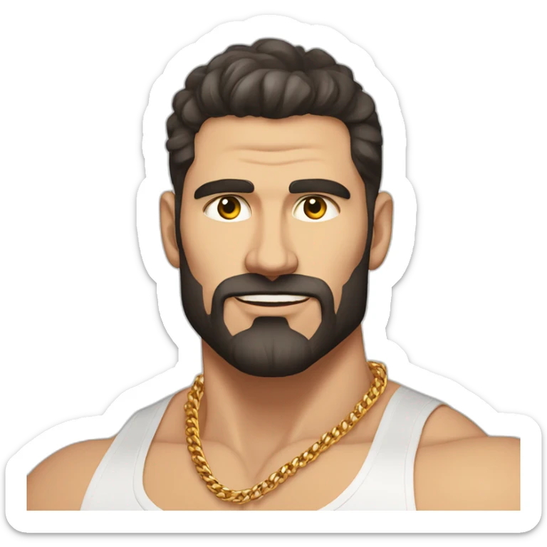 Russian muscular man aged 30 wearing gold chain with black buzz hair and short beard sticker