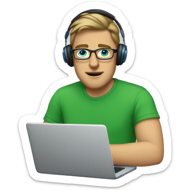 white guy with dark blond hair square glasses blue eyes wearing green t-shirt with laptop and headphones sticker