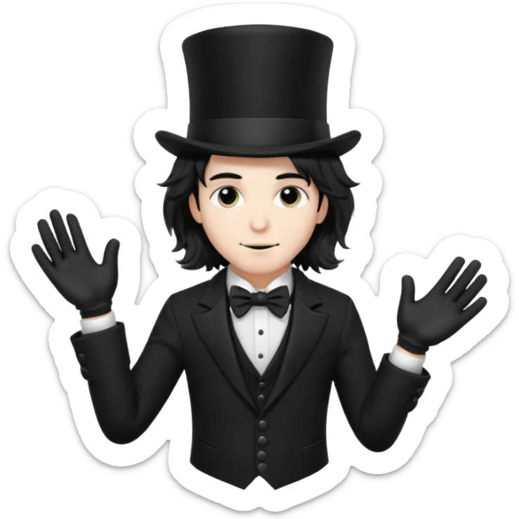 Male Goth with Top short Hat
 Wavy shoulder-length hair, white skin, black suit and gloves, pale skin tone,  sticker
