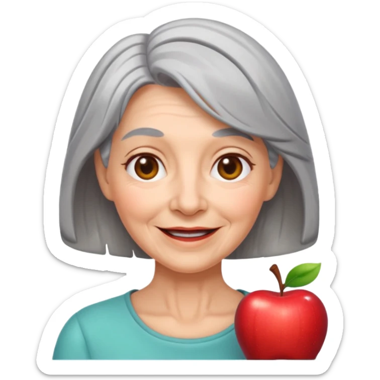 emoji of a woman with wrinkles, loose gray hair, cheerful expression, Apple emoji style sticker