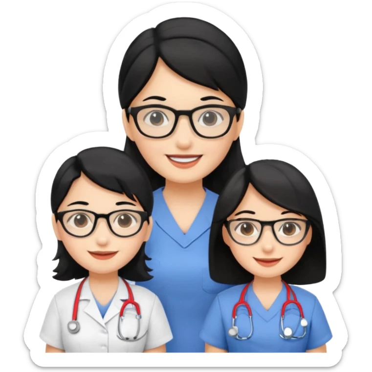 Genera emogis de 4 cuatro enfermeras de cabello negro largo, una de ellas con lentes sticker