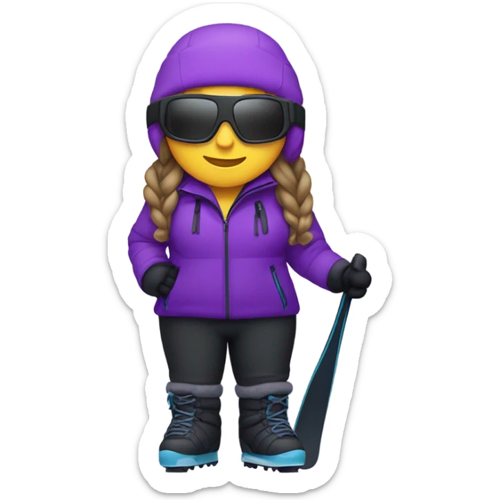 chubby female skier with long hair, glasses, violet snow jacket, black pants, black snow boots and black skis. No poles. sticker