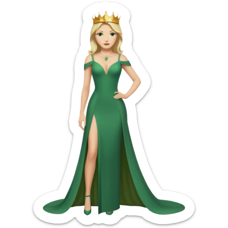 Queen, crown, blonde hair, green eyes, long green tight dress, decoltee,  Leg slit, whole Body, sticker