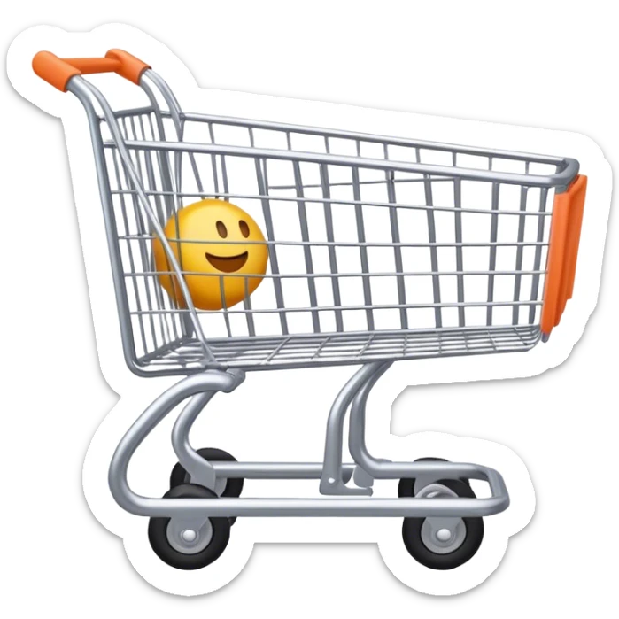Create an emoji with a shopping cart. The design should be sleek and minimalistic, featuring a classic shopping cart with a simple frame and wheels. The cart should have a friendly, clean look with smooth lines, and it should appear dynamic and modern, with subtle details like the basket grid and handle sticker