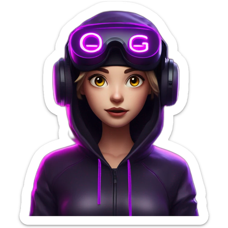 Create a 3D model of a Russian girl wearing a black hoodie with "OMG" letters on it and VR headset in a cyberpunk VR environment with violet neon lighting. sticker