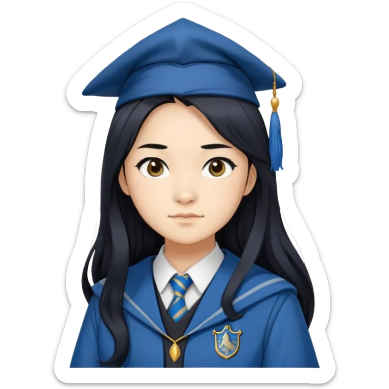 Cho Chang in harry potter, wear hogwarts Ravenclaw uniform, long black hair, not wearing hat sticker