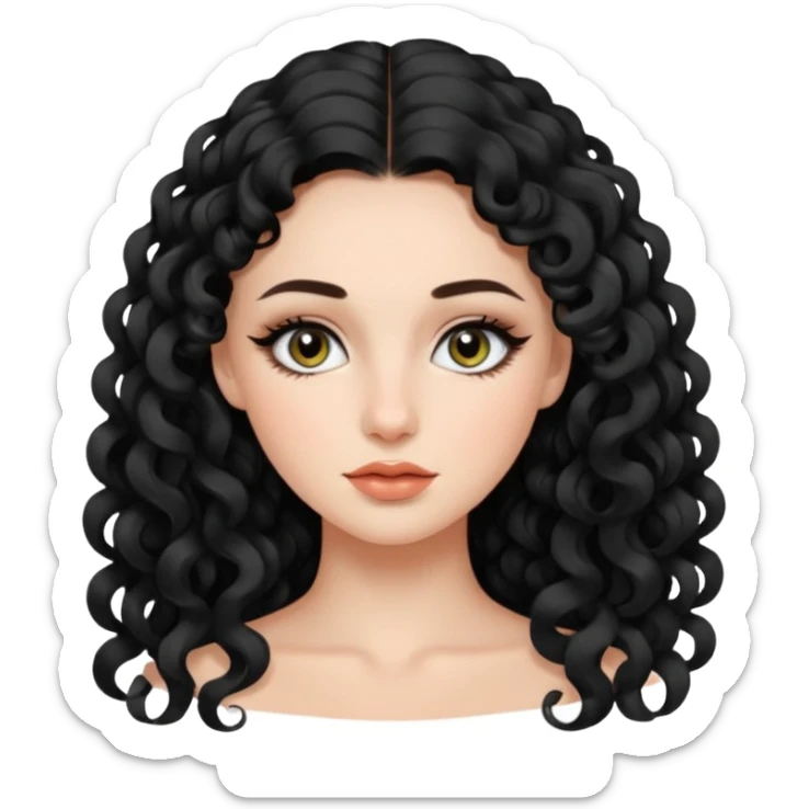persona mujer con piel clara y rizos suaves color negro y largos  y sin volumen y con delineador en los ojos sticker